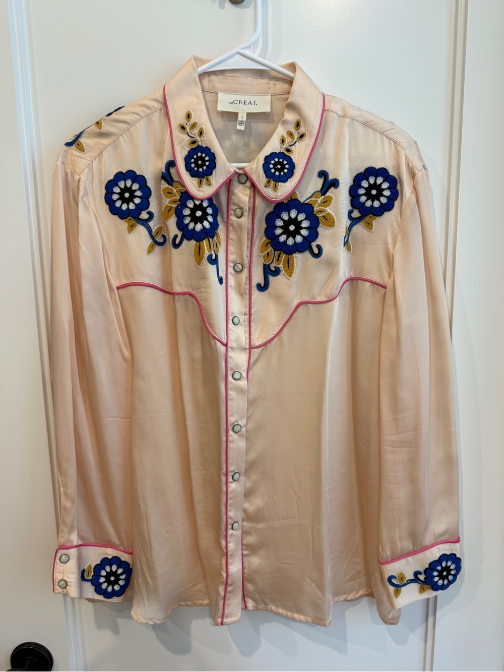 THE GREAT. Peach Satin Blouse with Blue and Gold Embroidery
